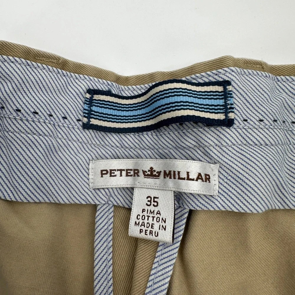 Peter Millar Mens Khaki Pima Cotton Flat Front Chino Shorts Size 35 Tan RN100308